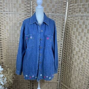 Vintage Floral Embroidered Denim Shirt Jacket